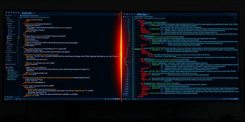 Developer working on code with AI assistance on multiple monitors