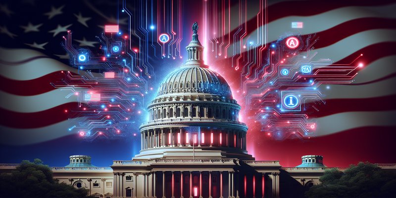 Political campaign advertisement montage with AI company logos and election polling data visualizations