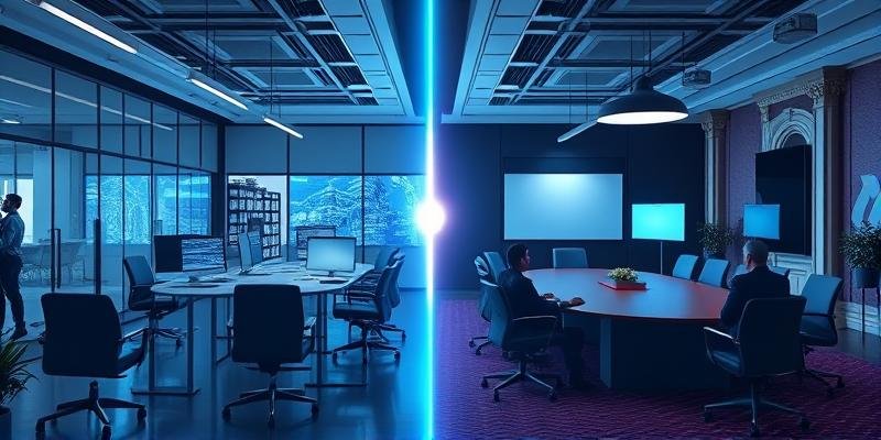 Modern office boardroom with glass walls representing traditional consulting firms facing AI disruption