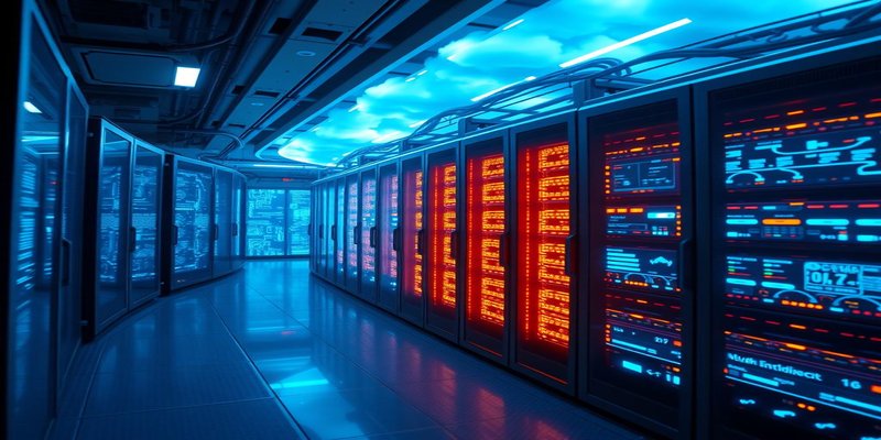 Amazon Web Services data center with glowing AI neural network visualization