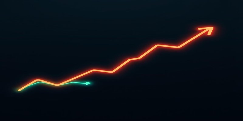 Abstract financial chart showing two ascending lines with the smaller one crossing above the larger, in coral and blue tones representing AI company revenue competition