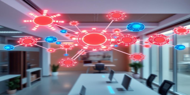 Network of interconnected AI agents with Anthropic coral accent nodes
