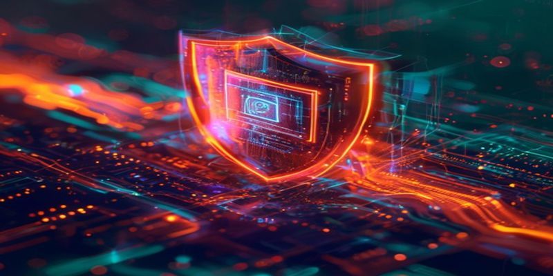 Abstract digital shield with Anthropic orange glow protecting code streams