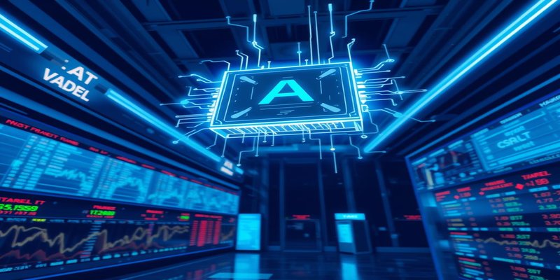 Stock exchange trading floor with AI chip visualization representing Cerebras IPO filing
