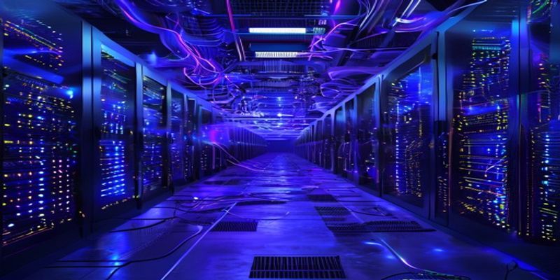 Data center server racks with glowing blue network connections representing cloud AI infrastructure