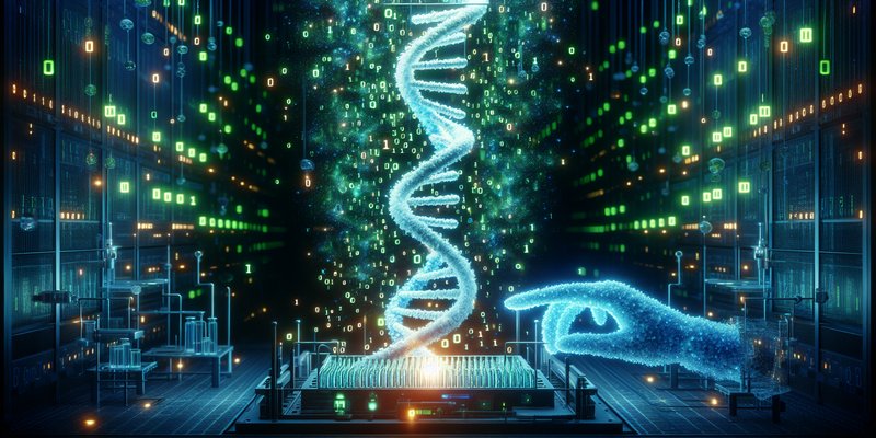 DNA double helix with AI computational elements representing the Evo 2 genomic AI model