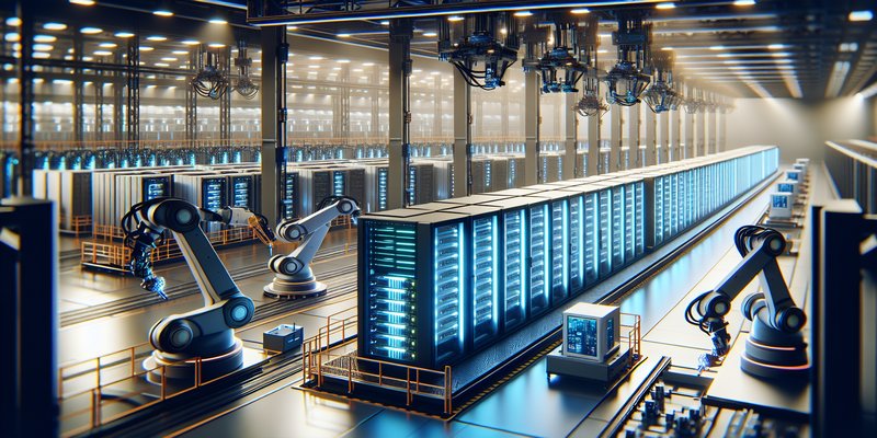 Modern data center server racks with glowing networking components representing AI infrastructure demand
