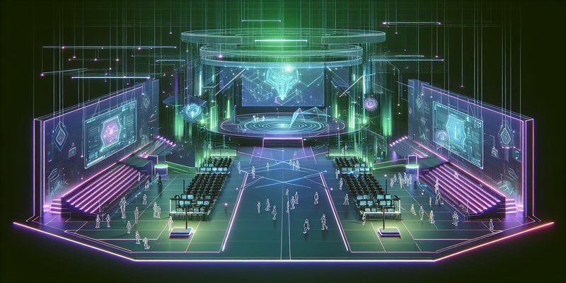 Futuristic gaming convention hall with neon-lit AI technology displays and holographic game characters