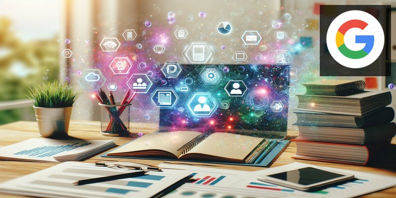 Google Workspace interface with glowing Gemini AI sparkles across documents and spreadsheets