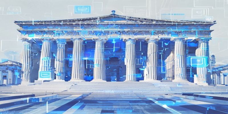 Greek parliament building with overlaid social media icons and age verification shield