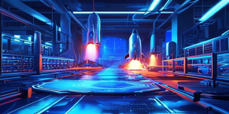 Futuristic semiconductor fab with blue Intel lighting and rocket silhouettes