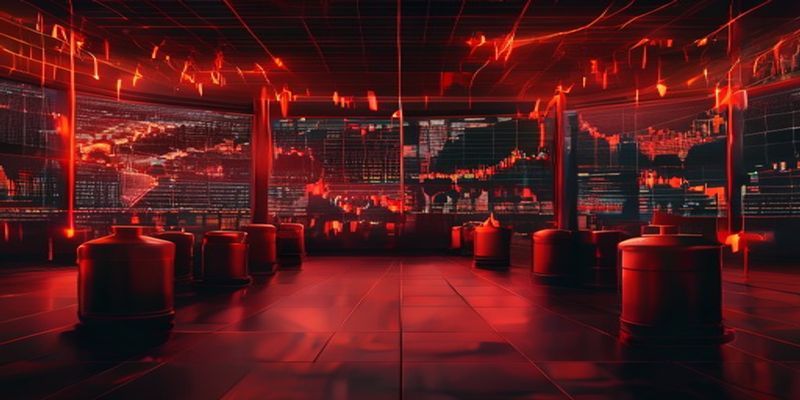 Global stock market trading floor with red declining charts and oil barrels in dark moody atmosphere