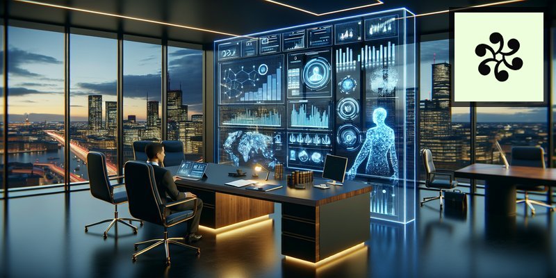 Modern law office with holographic AI interface displaying legal documents and analysis