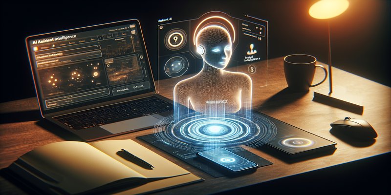 Lenovo laptop and Motorola phone with holographic AI assistant interface floating between devices