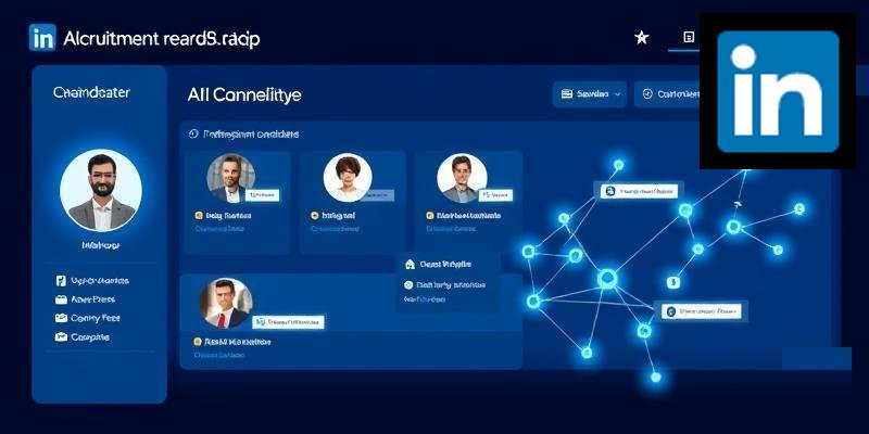 LinkedIn interface on laptop screen showing professional networking and AI-powered recruitment tools
