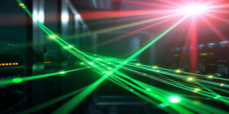Fiber optic cables glowing with light inside a modern data center networking facility