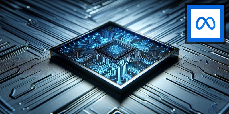Close-up of advanced semiconductor chip with blue Meta-themed circuitry patterns