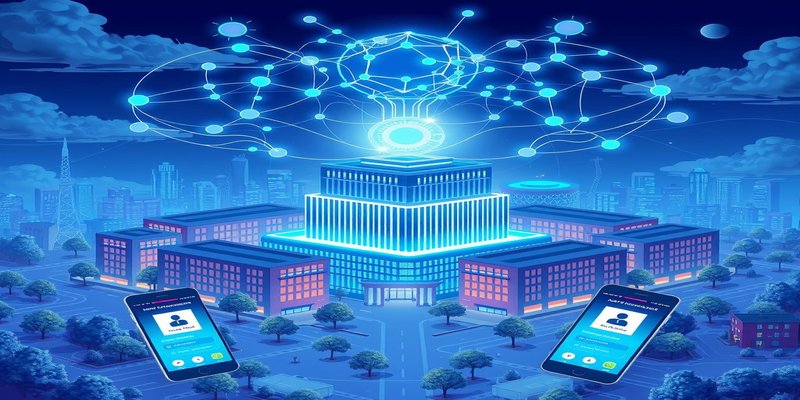 Meta headquarters with glowing blue neural network and smartphone showing AI app