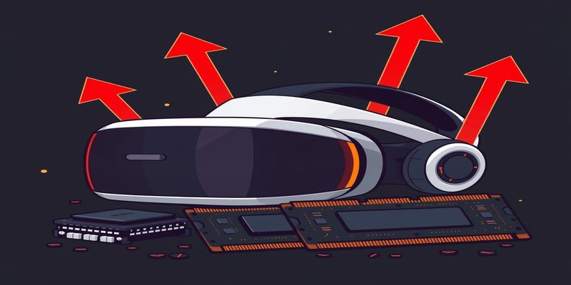 Meta Quest VR headset with price tag overlay and memory chip shortage visualization