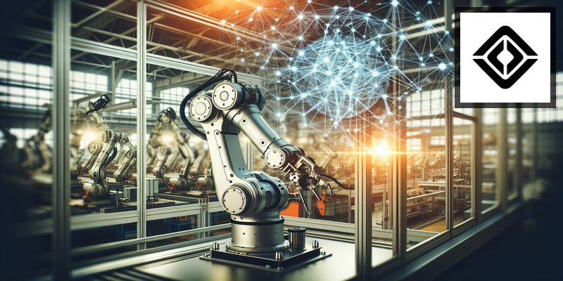 Advanced industrial robot arm in modern factory setting with AI visualization overlay