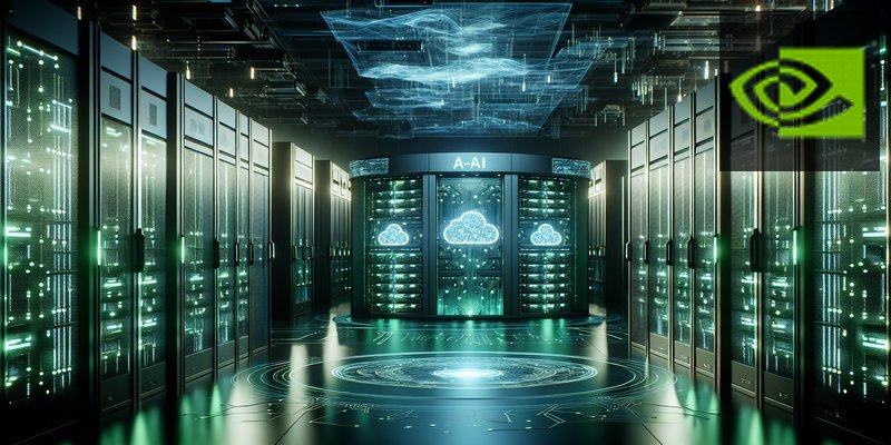 Futuristic AI data center with green Nvidia-themed lighting and cloud infrastructure