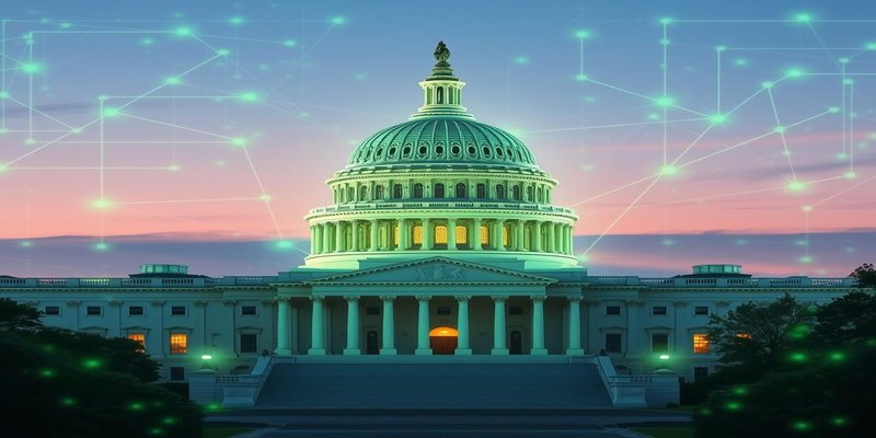 Government building with digital overlays and OpenAI green accent lighting