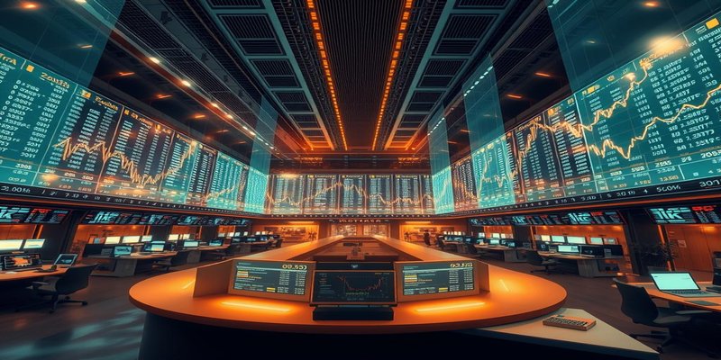 Stock exchange trading floor with OpenAI logo on digital screens