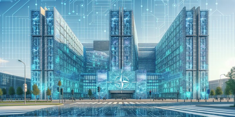 Military alliance headquarters with digital AI interface overlay representing NATO AI deployment
