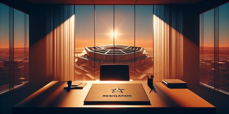 OpenAI office building with a symbolic resignation letter and Pentagon silhouette in the background
