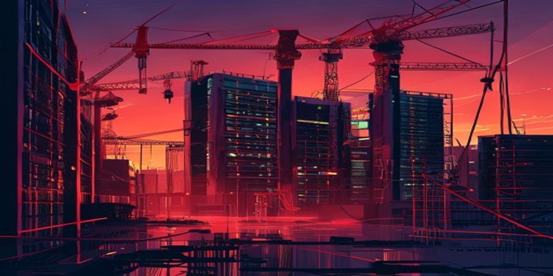 Vast red-accented AI data center under construction at dusk
