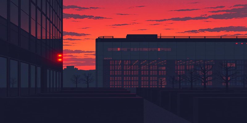 Corporate office building with red warning indicators and empty desk chairs