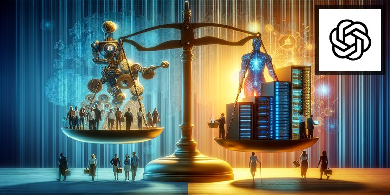 Abstract visualization of economic scales tipping between human labor and AI technology
