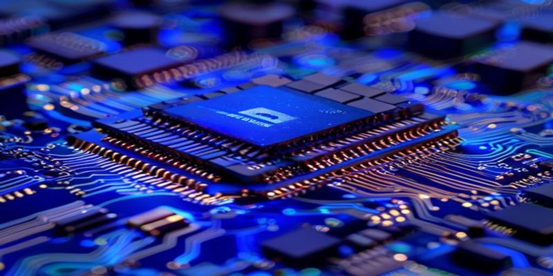 High bandwidth memory stack with Samsung-blue glow on a circuit board