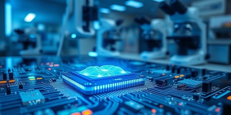 Close-up of a neural brain implant chip on a circuit board representing neuroscience technology