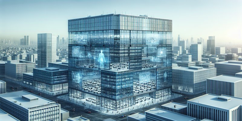 Empty modern office with AI holographic displays at vacant desks in blue and grey corporate setting