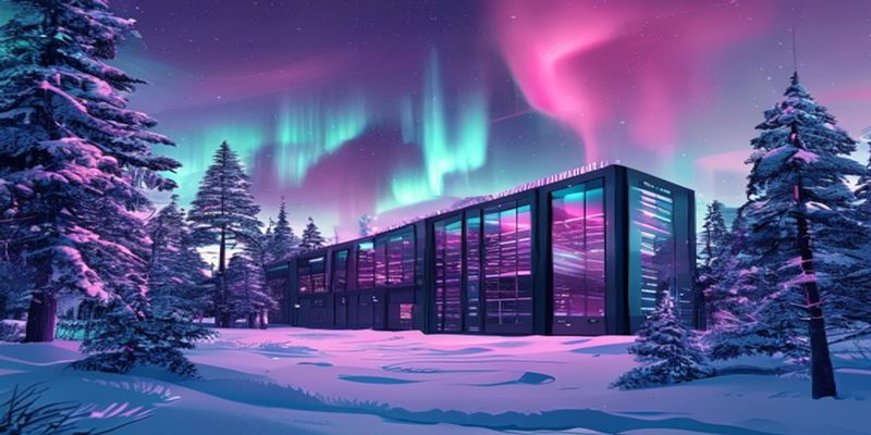 Nordic data center exterior with snow and pink TikTok accent lighting