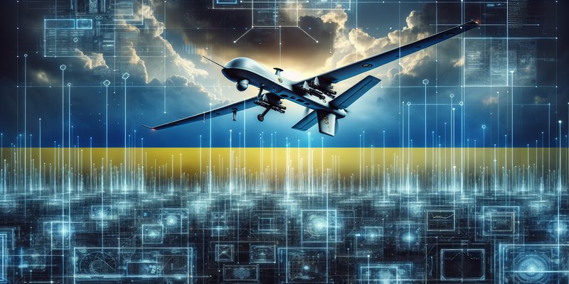 Military drone flying over digital data visualization representing AI battlefield training