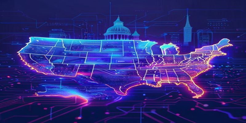 US Capitol dome overlaid with digital circuit patterns and state map outlines representing state-level AI legislation activity