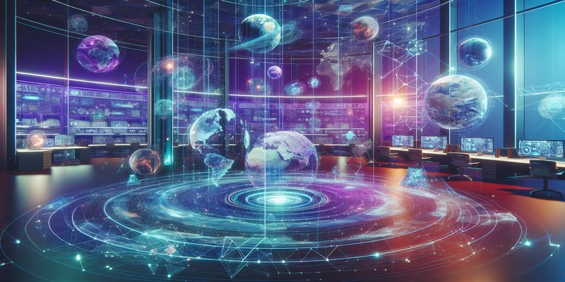 3D holographic world model visualization with spatial AI elements floating in a futuristic research lab