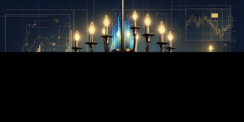 Stylized image of a quantum computer chandelier with glowing qubits and rising stock chart overlay, representing quantum computing market momentum